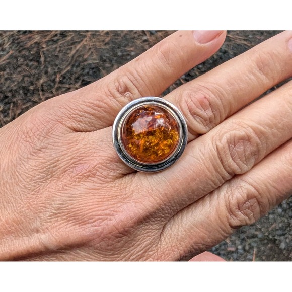 Handmade .925 Sterling Silver Baltic Amber Ring Sz 7.25 Women's Jewelry ***